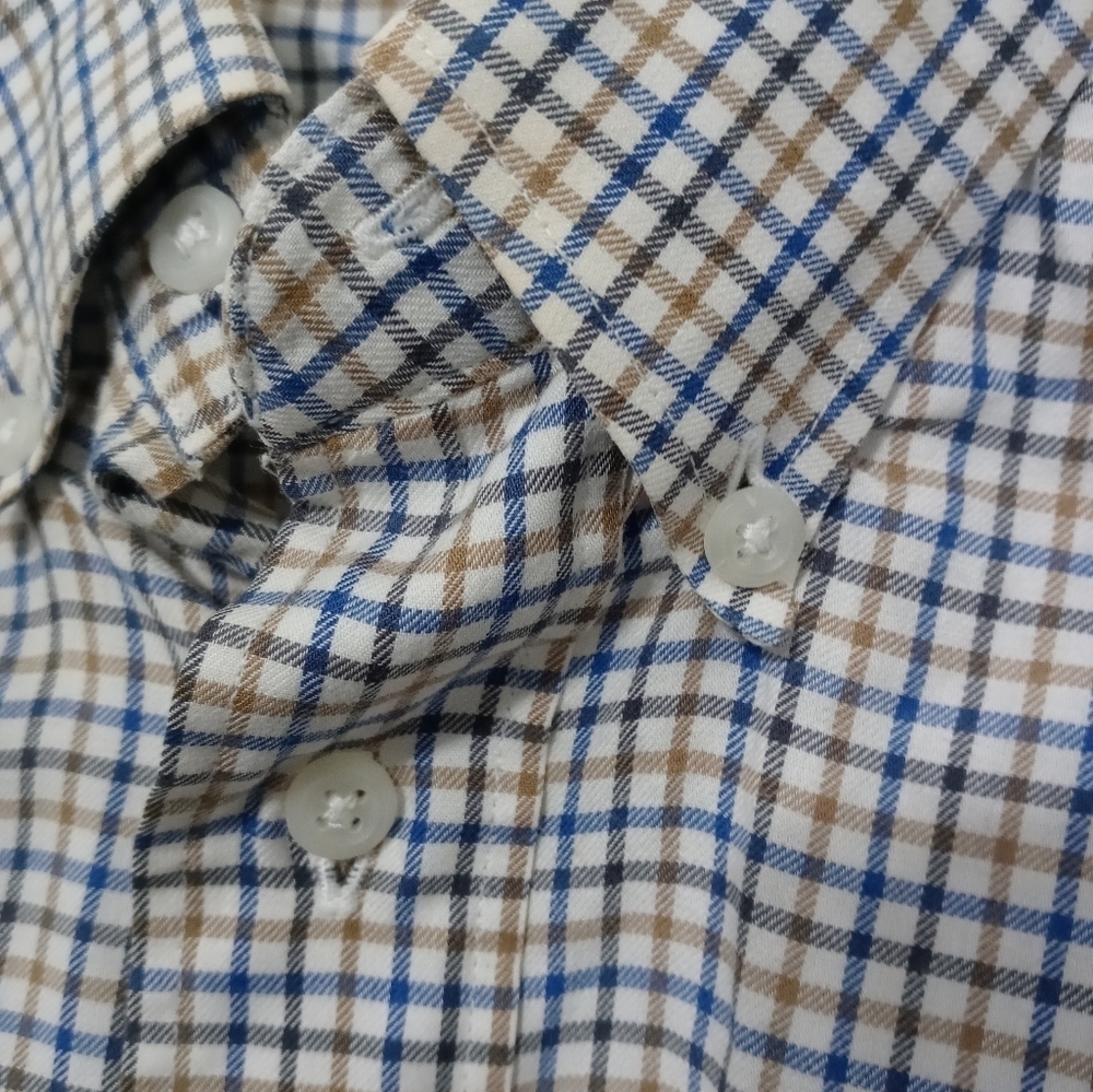 Yves Saint Laurent YSL Men's button down beige Navy blue Checked Shirt 16.5 - Picture 4 of 8
